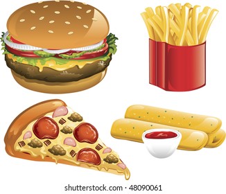 Illustration of a supreme pizza, cheeseburger, french fries, and bread sticks