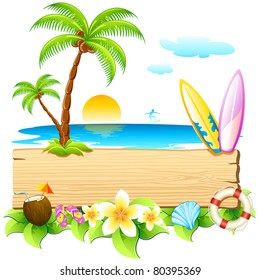 illustration of surf board and palm tree on sea beach