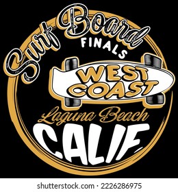 Illustration Surf Board West Coast, Skateboard with cool background, fashion style California.