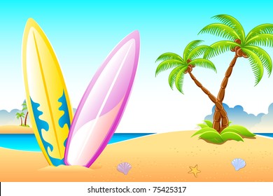 illustration of surf boards on sea beach with palm trees