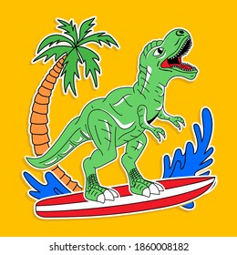 ILLUSTRATION OF A SURF DINOSAUR, VECTOR OF A DINOSAUR AT THE BEACH, SLOGAN PRINT
