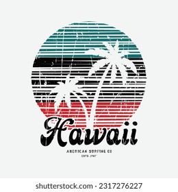 ilustración surf y surf en Hawaii. Borde de fondo. Diseño de época. Tipografía de sello, gráficos de camisetas, impresión, afiche, pancarta, volante, postal