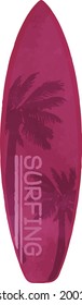 Illustration of a surfboard with palm trees pink