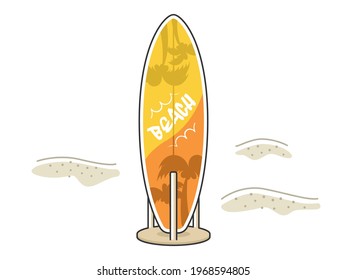 Illustration of surfboard and sandy beach.