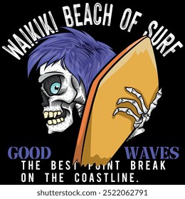 Ilustración de un chico surfista con su tabla y en forma de calavera con pelo morado con ojos expresivos y textos adornando el gráfico, diseño para tipo playa o disfrutando del tiempo en vacaciones.