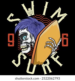 Ilustración de un chico surfista con su tabla y en forma de calavera con pelo morado con ojos expresivos y textos adornando el gráfico, diseño para tipo playa o disfrutando del tiempo en vacaciones.