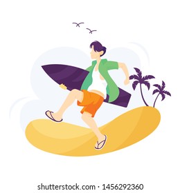 illustration of surfer carrying a surf board in the beach