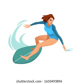 Illustration of a surfer girl riding on the waves. Vector illustration isolated