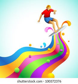 illustration of surfer on wave of rainbow