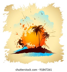 illustration of surfer on wave on sea beach with palm tree