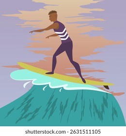 Illustration of a surfer on a wave at sunset - sports scene. Bright color style, dynamic pose, beach theme. EPS 10.