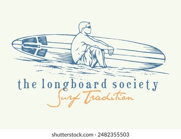 Illustration of a surfer in a relaxed position. Editable art for printing on t-shirts, decoration, etc.