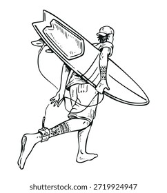 Illustration of a surfer running towards the waves.	