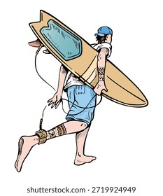 Illustration of a surfer running towards the waves.	