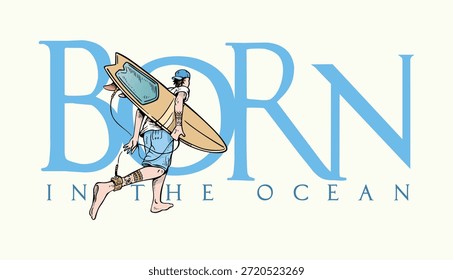 Illustration of a surfer running towards the waves, composed with background text.