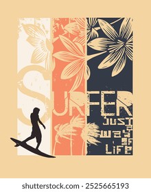 Illustration of a surfer silhouette in a composition with graphic elements. Editable art for prints on t-shirts, decoration, etc.