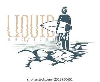 Illustration of surfer silhouette in composition with lettering.