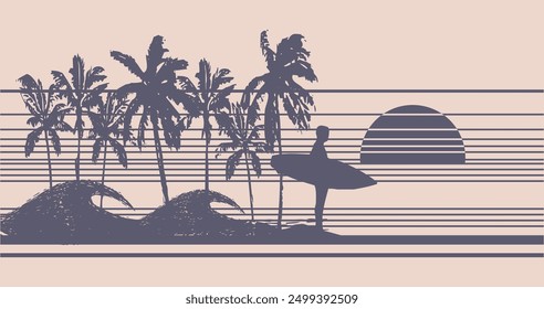 Illustration of a surfer silhouette in the late afternoon. Art with stripes and coconut trees in the background.