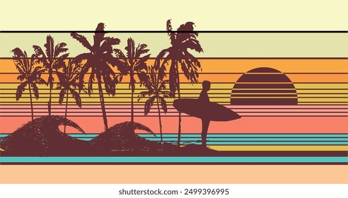 Illustration of a surfer silhouette in the late afternoon. Art with colorful stripes and coconut trees in the background.