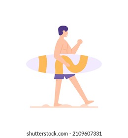 illustration of a surfer walking carrying or holding a surfboard. athlete, sport, beach. flat cartoon style. character vector design