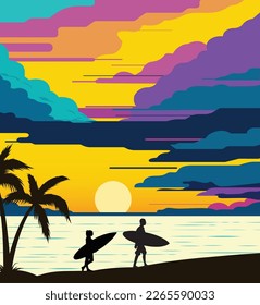 Illustration of surfers on the beach with a magnificent sunset. vibrant colors on the horizon. magical sunset on the beach. 