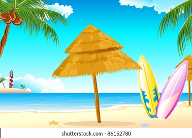 illustration of surfing board on sea beach