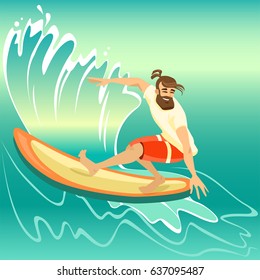 Illustration of surfing character. Boy riding on ocean wave.