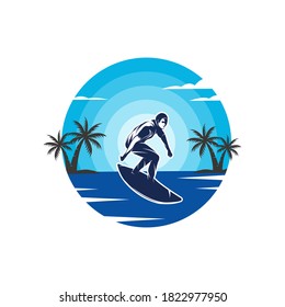 Illustration of surfing logo design template