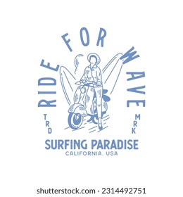 illustration for Surfing with motorcycle, badge design motorcycle, apparel for motorcycle, scooter badge design