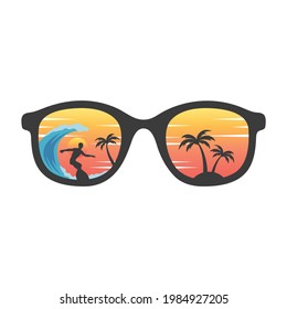 Illustration Surfing on The Frame Sunglasses Logo Concept. Holiday beach with wave view island. Tropic travel and vacation on summer.