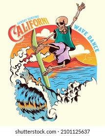 Illustration, Surfing Surf Board, Skull, Skeleton, Sun Set, California Beach, Wave, Typography, Mountain Background.