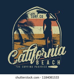 Illustration Surfing Theme, With A Silhouette Man And Surfboard, California Beach