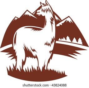 illustration of  a suri alpaca with mountains in the background