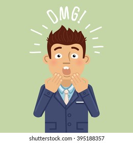 Illustration of a surprised businessman. Shocked, amazed emotion, facial expression, emoji, emoticon. Flat style vector illustration