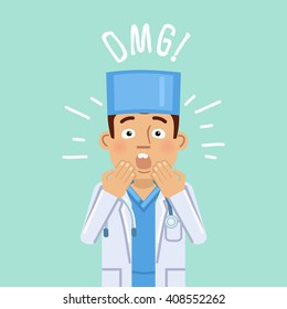 Illustration of a surprised doctor isolated on abstract background. Amazed, shocked emotion, emotional face, emoticon, emoji. Flat style vector illustration