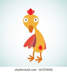 Illustration with surprised funny chicken in flat style, that turn his head