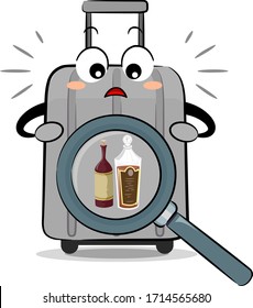 Illustration of a Surprised Luggage Mascot with Magnifying Glass Over It Showing Illegal Alcoholic Drinks Inside