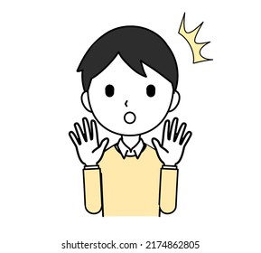 Illustration of a surprised man with her hands raised, upper body, front, line drawing.