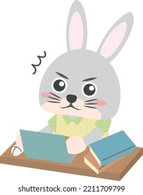 Illustration of a surprised rabbit operating a computer at a desk