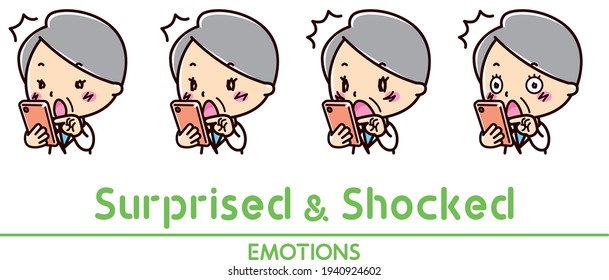 Illustration of surprised and shocked facial expressions of a female doctor operating a smartphone