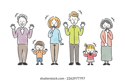 Illustration of a surprised three-generation family.