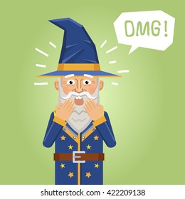 Illustration of a surprised wizard. Shocked, amazed. Emoticon, emoji, facial expression. Fantasy magician, warlock, sorcerer. Flat style vector illustration