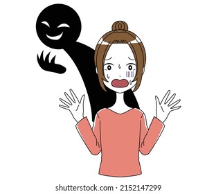 Illustration of a surprised woman and a black figure fraud and accusation image