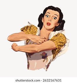 Illustration of a surprised woman with dark hair, wearing a patterned dress. The woman appears startled, with wide eyes and open mouth, in a vintage style. Vintage character art illustration vector.