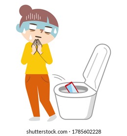 Illustration of a surprised woman dropping a mobile phone in the toilet on a white background