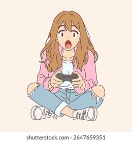 Illustration of surprised young anime woman with long hair sitting crosslegged playing video games. Casual outfit with pink jacket and denim. Suitable for gaming content.