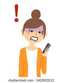 Illustration of a surprised young woman looking at a smart phone.