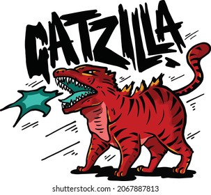 The illustration in surreal style combines two cat and godzilla objects into 'CATZILLA'. Suitable for t-shirt and sticker designs