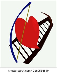 An illustration in surrealism style as a print for t-shirts for creative personalities. A musical instrument with strings and a bow and a red heart. This is about musical love. Vector, isolated.