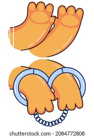 Illustration with a surrendering character. Orange paws getting handcuffed. Arrest concept. A sticker with voluntary recognition and remorse. Vector with a caught criminal. Close-up.